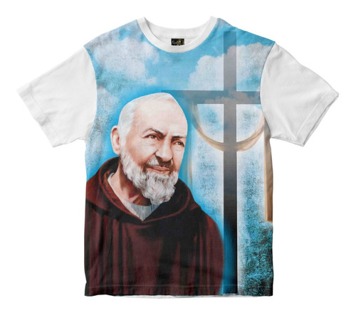 Camiseta Padre Pio Branca Com Fundo Azul