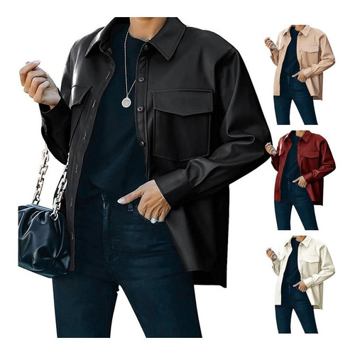 Camisa Casual De Chamarra De Cuero Con Botones Para Mujer