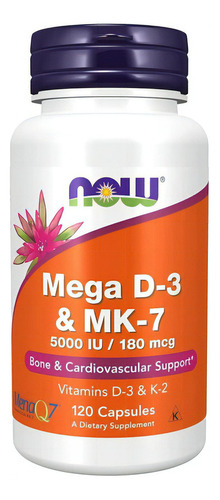 Vitamina Mega D3 5.000 UI y K2 Mk7 180 mcg 120 cápsulas Now Foods