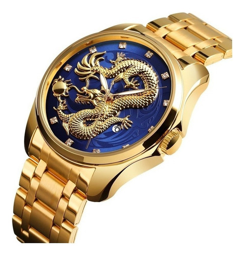 Relógio Masculino Skmei Dragão Dourado Inox Fundo Azul