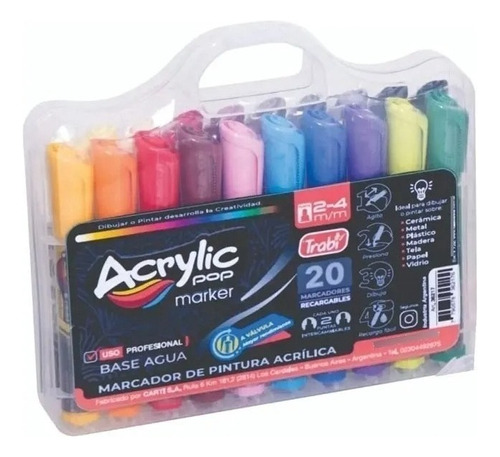 Marcador Acrylic Pop 2-4 Mm Valija Trabi X 20 Colores