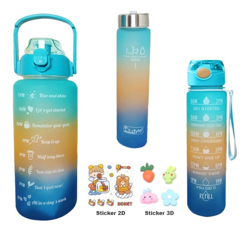 Set De 3 Termos Botella Agua Motivacional + Stickers Y Pines