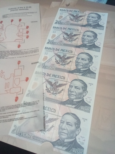 Fragmento Billetes Sin Cortar 20.00 (5piezas) Clasico Aguila