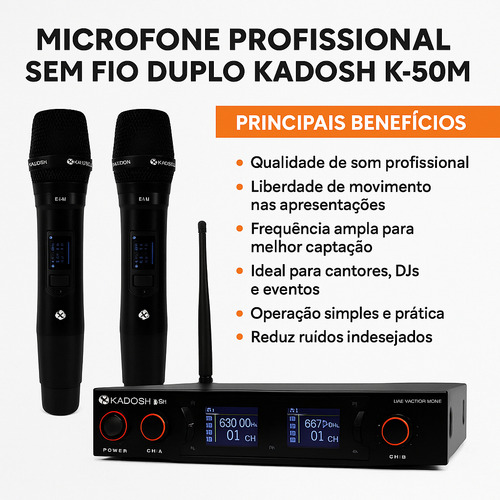 Microfone Kadosh K-502m Profissional Sem Fio Duplo Cor Preto