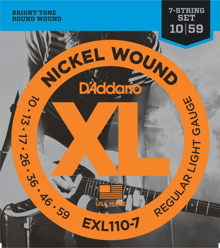 Daddario Xl Nickel Exl110-7 Encordado .010 De 7 Cuerdas Para Eléctrica