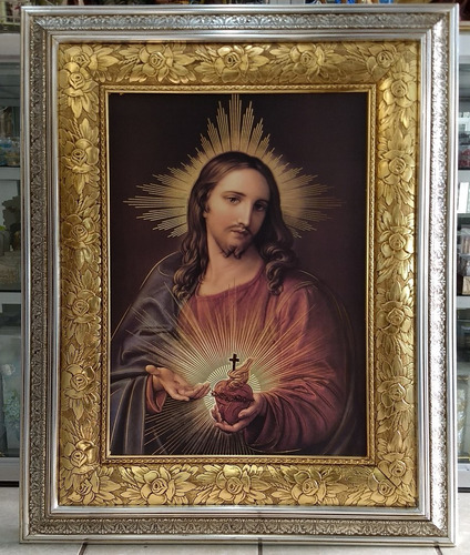 Cuadro Del Sagrado Corazón De Jesús 85x105 Cm Marco Madera 