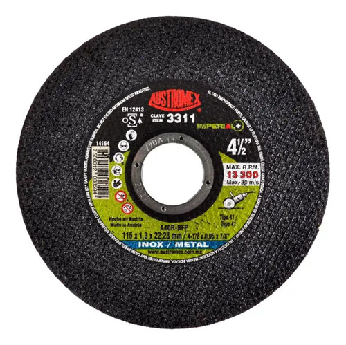 Disco Corte Acero Inox Metal Austromex 4 1/2 PuLG Abrasivo Color Negro