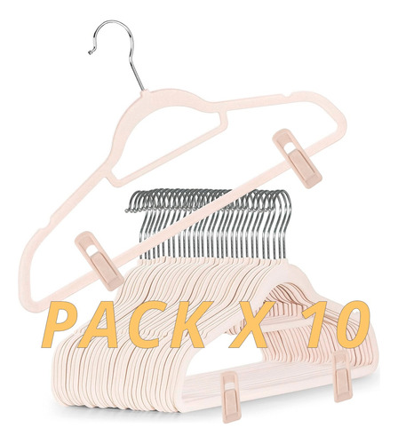 Pack 10 Perchas Slim Terciopelo Beige Broche Gancho Premium