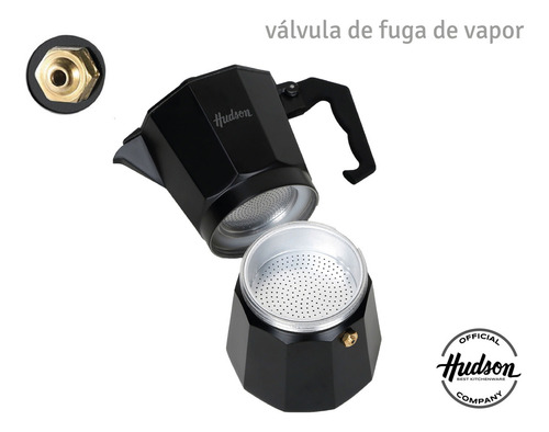 Cafetera Aluminio Hudson Black Estilo Italiana 6 Pocillos
