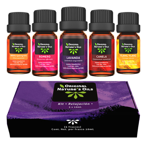 Kit Relajacion 5 Aceites Esenciales Aromaterapia Y Difusor Original Nature's oils 50 Ml