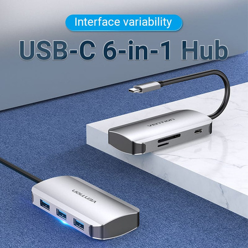 Hub Usb Multipuerto Vention - 6 En 1 - Usb C + 3 Puertos Usb 3.0 + Lector De Tarjetas Sd / Tf + Power Delivery 100w Usb C - 5gbps Carcasa Aluminio - 15 Cm - Premium Para Pc / Mac / Laptop - Tnhhb