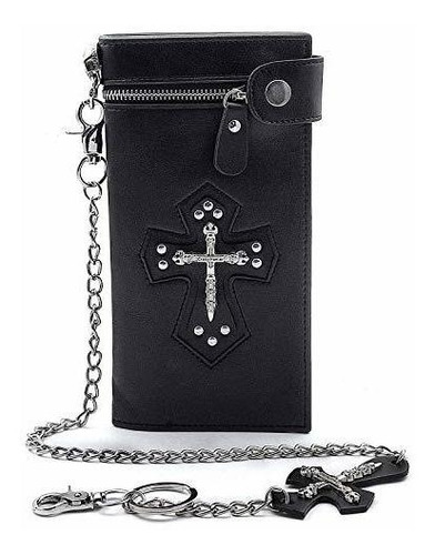 Cartera Punk De Motociclista De Cuero Con Cruz De Calavera G