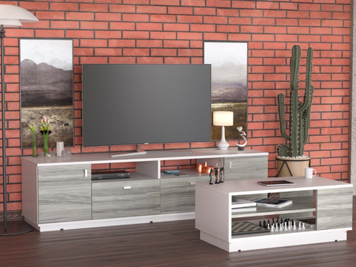 Combo Mesa Rack Tv Led + Mesa Ratona Melamina Texturada