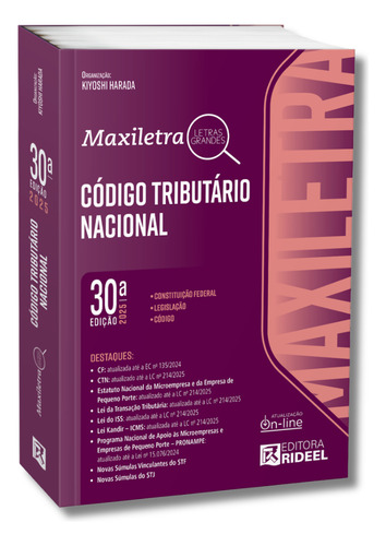 Código Tributário Nacional Maxiletra 30ª Edição - Ctn 2025, De Kiyoshi Harada., Vol. 1. Editorial Rideel, Capa Mole, Edição 30ª Edição Em Português, 2025