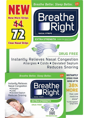 Tiras Nasales Breathe Right Transparentes Con 72 Piezas 