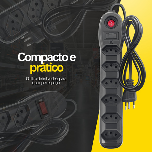 Filtro De Linha 6 Tomadas 1 Metro 10a Bivolt Preto Megatron