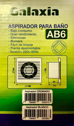 Imagen 3 de 7 de Extractor De Aire Para Baño Galaxia 6 Ab6 Silencioso Único