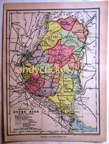 Antiguo Mapa Color 1926 Entre Rios Ferrocarriles Plano