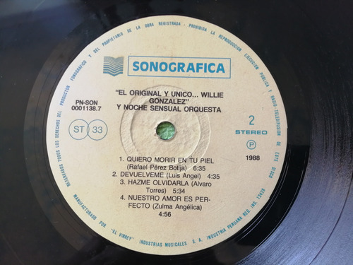 Eam Lp Vinilo Willie Gonzalez El Original Y Unico 1988 Peru (Usado)