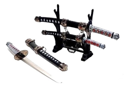 Kit Mini Katana Com 3 Espadas Enfeite C\suporte Samurai