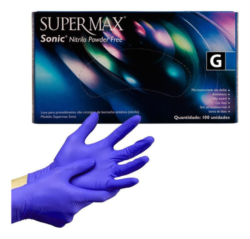 Luva Nitrílica Azul Sonic Grande Caixa Com 100 Un. Supermax