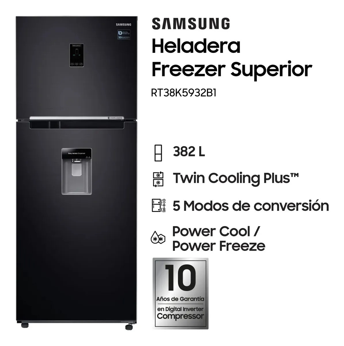 Heladera Samsung Rt38k5932b1 Black Con Dispenser Doi Negro