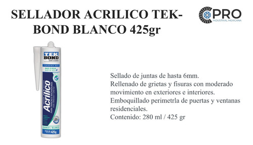Sellador Acrilico Tek-bond Blanco 425gr Modelo 321917 S P