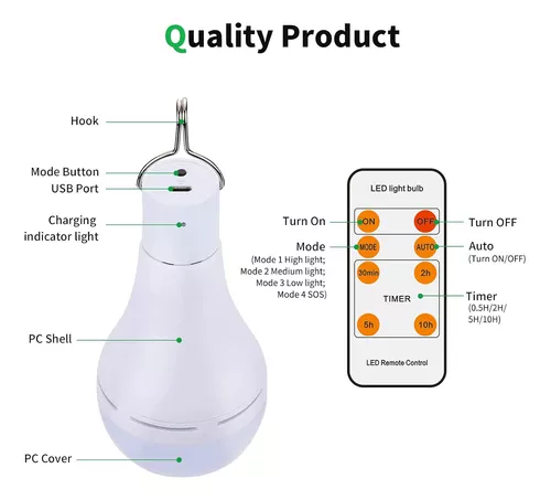 1 bombilla USB recargable con control remoto y temporizador, Bombilla LED  de 7 W con batería de 1500 mAh para cortes de energía, camping y senderismo