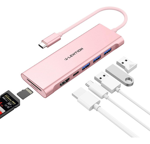 Hub Usb C A 4k Hdmi + Puertos Usb Lector Sd Usb C Rosa