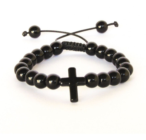 Pulseira De Pedra Natural Ônix Crucifixo Preto - Ajustável