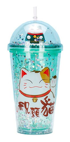 Termo Contenedor Botella Agua Gato Japones Con Popote 450ml