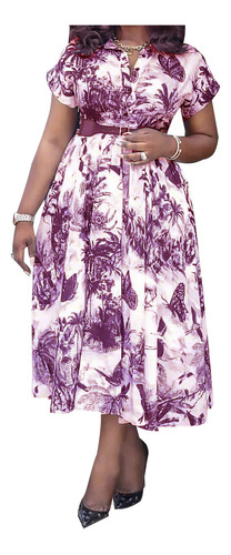 Button Print Short Sleeve High Waist Large Size Dress