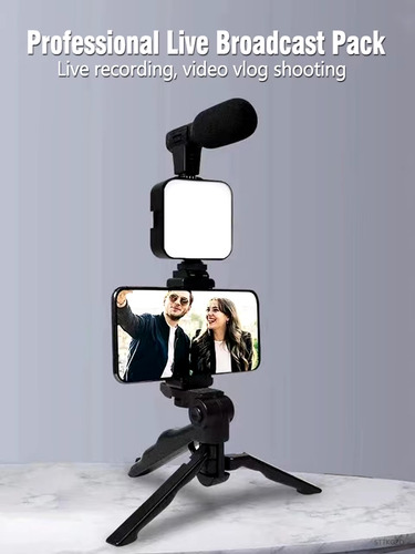Kit De Grabacion Tripode Microfono Luz Led