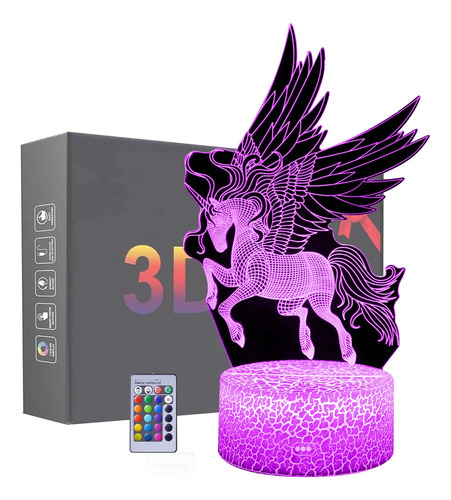 Luz Nocturna Unicornio Lampara Led Ilusion Optica 3d Control