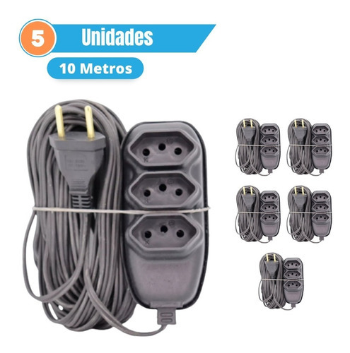 Atacado 10x Régua Extensão 10 Metros Tripolar 3 Pinos Bivolt Cor Cinza