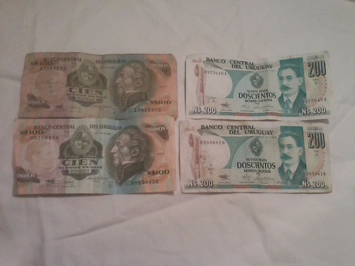 Lote 4 Billetes Uruguayos: 2 De 100pesos Y 2 De 200pesos Lea