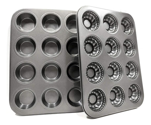 2 Moldes Charola 12 Cupcakes Acero Anti-adherente Repostería Gris