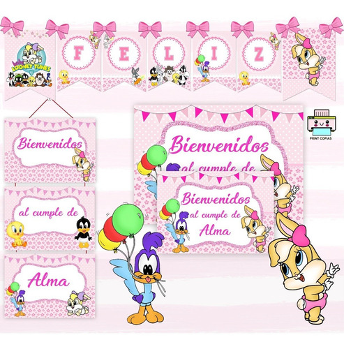 Kit Imprimible Banderín Cartel Cumple Editable Looney Tunesn