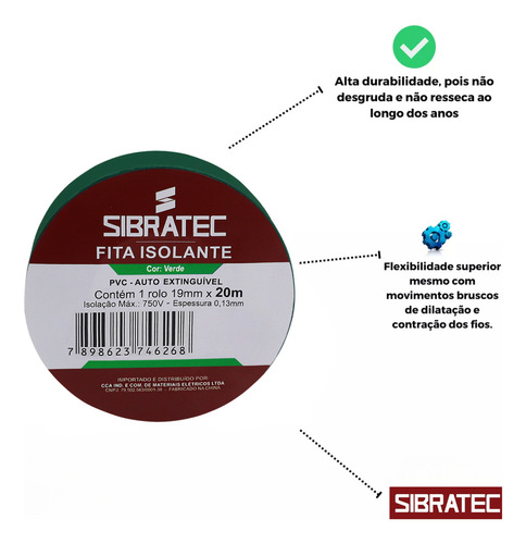 Kit 10 Fita Isolante Verde 20 Metros Sibratec Uso Geral