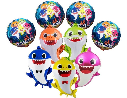 Pack 9 Globos Metalizados Familia Baby Shark 65 Cms Y 45 Cms