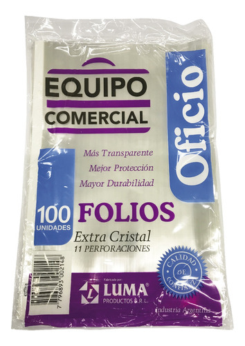 Folios Extra Cristal 11 Perfora Tamaño Oficio Luma. X100 U.