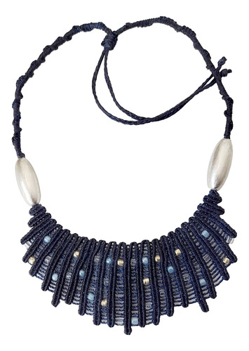 Collar De Macrame Azul Con Mostacillas. Artesanias Mt