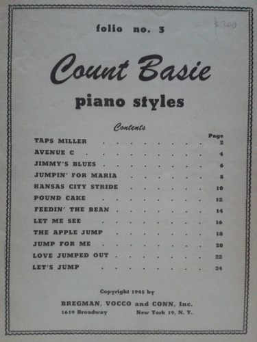 Count Basie * Piano Styles Folio No. 3 * Partitura New York