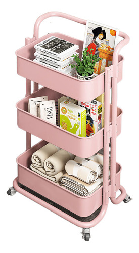 Carrito Auxiliar Para Estetica Metal 3 Niveles Ruedas Color Rosa