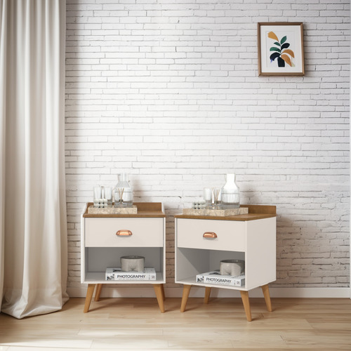 Mesa Criado 2 Bide Perola Conjunto Casal C/ Cabeceira Suede Brilhante Bege 1.40 / Off Freijo