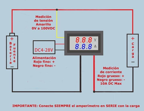 Imagen 4 de 5 de Voltimetro Amperimetro De Panel 99.9v 10a Display Rojo Azul