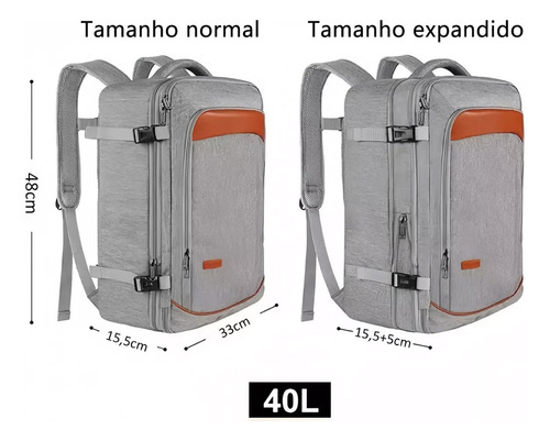 Mochila De Viagem, 40l Mochila para Avião Expansível Para Masculina E Feminina, Antifurto E Impermeável, Mochila de Mão Reforcada Pessoal Aprovada Para Avião 10kg, Yorepek 1215 Cor Cinza