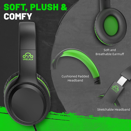 Ukelala Auriculares Con Cable Verdes Para Niños Auricular...