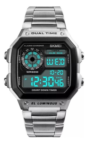 Reloj pulsera digital Skmei 1335 con correa de acero inoxidable color plateado - fondo negro