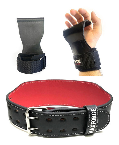 Cinturão Couro E Strap Grip Luva Academia Agachamento Fit